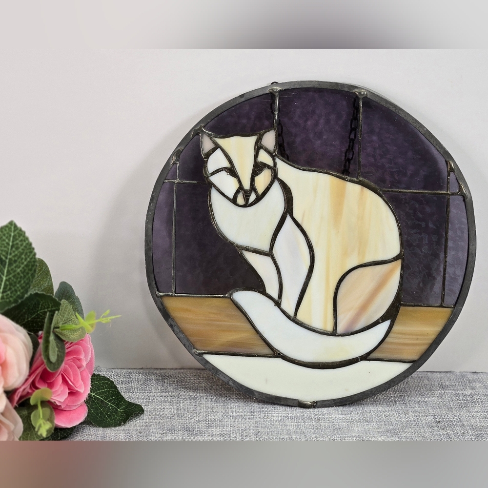 Vintage Cat Circular Stained Glass Panel Suncatcher 8.5"‎ Beige Blue